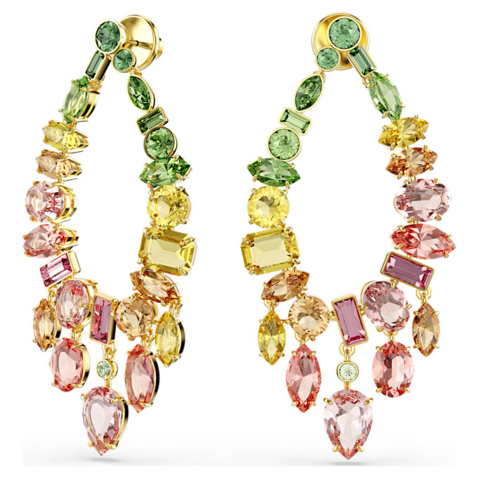 Brincos Gema Drop com cortes mistos, estilo candelabro, multicoloridos, banhados a ouro Brincos Gema Drop com cortes mistos, estilo candelabro, multicoloridos, banhados a ouro