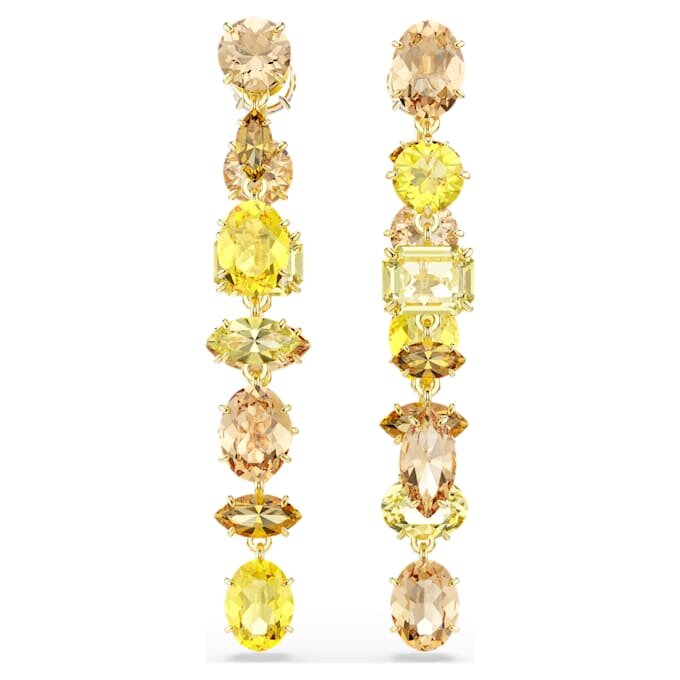 Brincos Gema Drop com design assimétrico, cortes mistos, compridos, amarelos, banhados a ouro Brincos Gema Drop com design assimétrico, cortes mistos, compridos, amarelos, banhados a ouro
