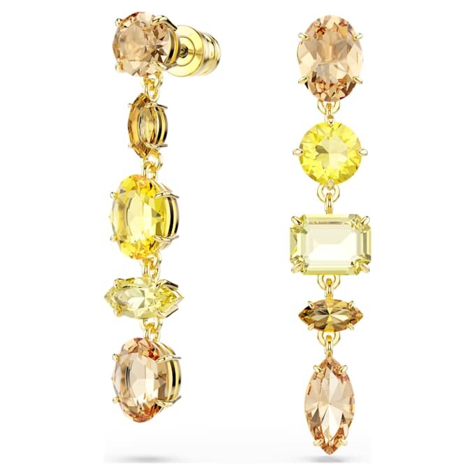 Brincos Gema Drop com design assimétrico, cortes mistos, compridos, amarelos, banhados a ouro Brincos Gema Drop com design assimétrico, cortes mistos, compridos, amarelos, banhados a ouro