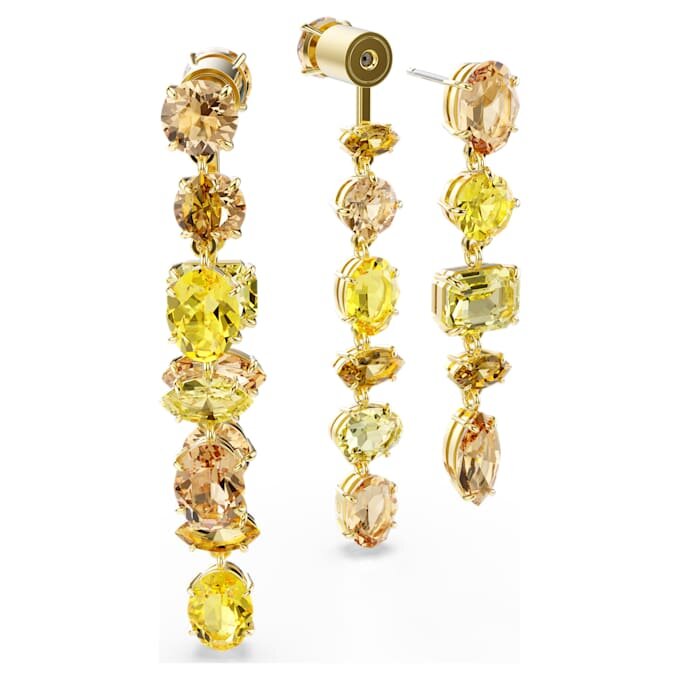 Brincos Gema Drop com design assimétrico, cortes mistos, compridos, amarelos, banhados a ouro Brincos Gema Drop com design assimétrico, cortes mistos, compridos, amarelos, banhados a ouro
