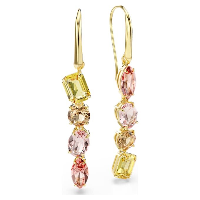 Brincos Gema Drop com design assimétrico, cortes mistos, cor-de-rosa, banhados a ouro Brincos Gema Drop com design assimétrico, cortes mistos, cor-de-rosa, banhados a ouro