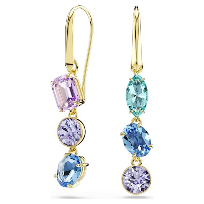 Brincos Gema Drop com design assimétrico, cortes mistos, multicoloridos, banhados a dourado Brincos Gema Drop com design assimétrico, cortes mistos, multicoloridos, banhados a dourado