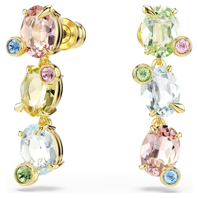 Brincos Gema Drop com design assimétrico, cortes mistos, multicoloridos, banhados a dourado Brincos Gema Drop com design assimétrico, cortes mistos, multicoloridos, banhados a dourado