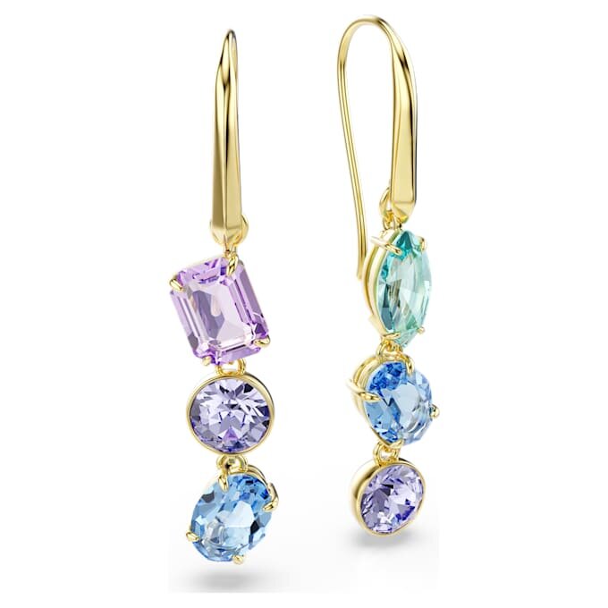 Brincos Gema Drop com design assimétrico, cortes mistos, multicoloridos, banhados a dourado Brincos Gema Drop com design assimétrico, cortes mistos, multicoloridos, banhados a dourado