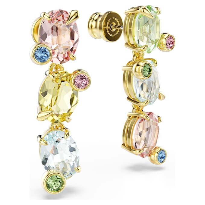 Brincos Gema Drop com design assimétrico, cortes mistos, multicoloridos, banhados a dourado Brincos Gema Drop com design assimétrico, cortes mistos, multicoloridos, banhados a dourado