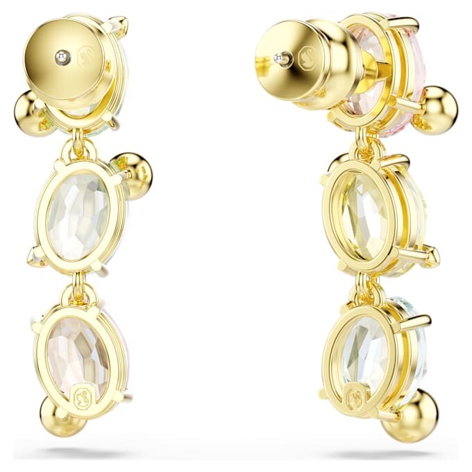 Brincos Gema Drop com design assimétrico, cortes mistos, multicoloridos, banhados a dourado Brincos Gema Drop com design assimétrico, cortes mistos, multicoloridos, banhados a dourado