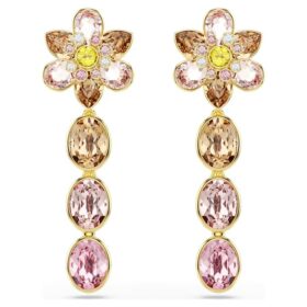 Brincos Idyllia com cristais de cortes variados, em forma de flor, multicoloridos, banhados a dourado