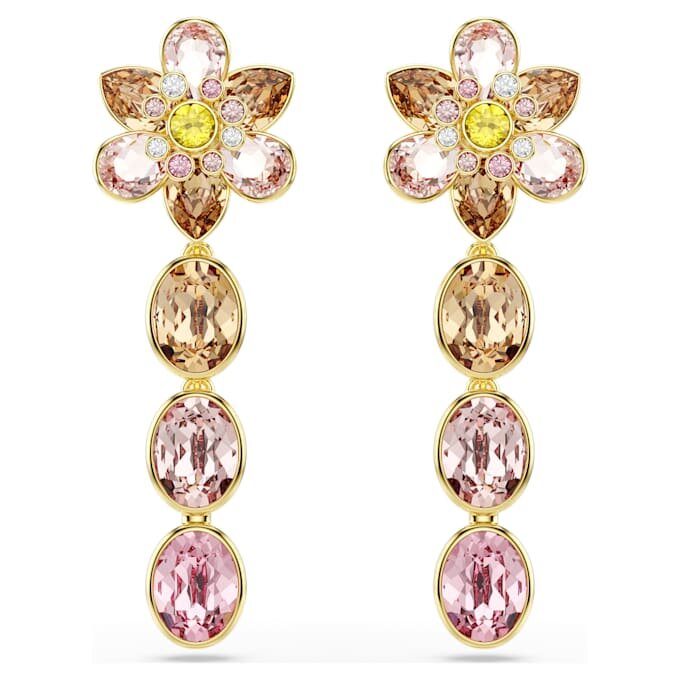 Brincos Idyllia com cristais de cortes variados, em forma de flor, multicoloridos, banhados a dourado Brincos Idyllia com cristais de cortes variados, em forma de flor, multicoloridos, banhados a dourado