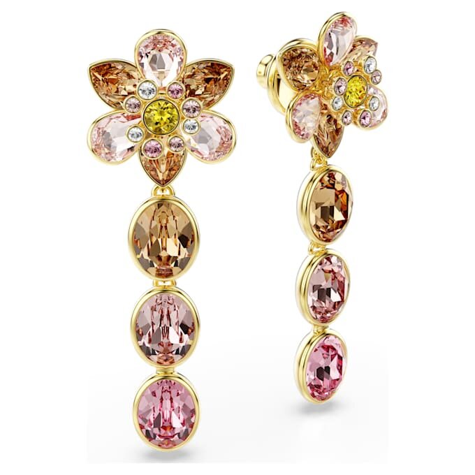 Brincos Idyllia com cristais de cortes variados, em forma de flor, multicoloridos, banhados a dourado Brincos Idyllia com cristais de cortes variados, em forma de flor, multicoloridos, banhados a dourado