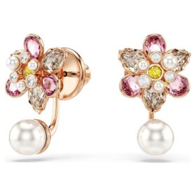 Brincos Idyllia com Cristais e Pérolas, Cortes Mistos, Flor, Multicoloridos, Banho de Ouro-Rosa