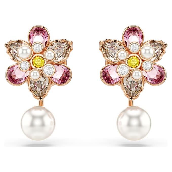 Brincos Idyllia com Cristais e Pérolas, Cortes Mistos, Flor, Multicoloridos, Banho de Ouro-Rosa Brincos Idyllia com Cristais e Pérolas, Cortes Mistos, Flor, Multicoloridos, Banho de Ouro-Rosa