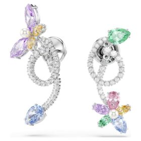 Brincos pendentes Ariana Grande X Swarovski com «ear jacket» e cortes mistos, libélula, flor, multicoloridos, banhados a ródio