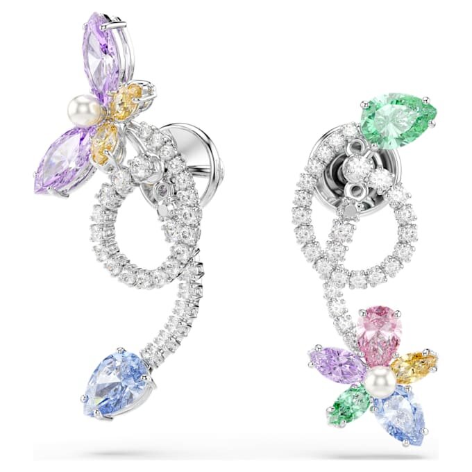 Brincos pendentes Ariana Grande X Swarovski com «ear jacket» e cortes mistos, libélula, flor, multicoloridos, banhados a ródio Brincos pendentes Ariana Grande X Swarovski com «ear jacket» e cortes mistos, libélula, flor, multicoloridos, banhados a ródio