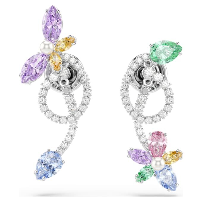 Brincos pendentes Ariana Grande X Swarovski com «ear jacket» e cortes mistos, libélula, flor, multicoloridos, banhados a ródio Brincos pendentes Ariana Grande X Swarovski com «ear jacket» e cortes mistos, libélula, flor, multicoloridos, banhados a ródio