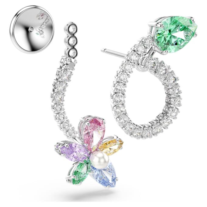 Brincos pendentes Ariana Grande X Swarovski com «ear jacket» e cortes mistos, libélula, flor, multicoloridos, banhados a ródio Brincos pendentes Ariana Grande X Swarovski com «ear jacket» e cortes mistos, libélula, flor, multicoloridos, banhados a ródio