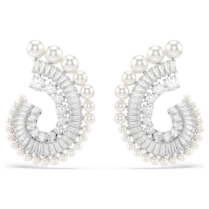 Brincos pendentes Ariana Grande X Swarovski com pérola de cristal, cortes mistos, brancos, banhados a ródio Brincos pendentes Ariana Grande X Swarovski com pérola de cristal, cortes mistos, brancos, banhados a ródio