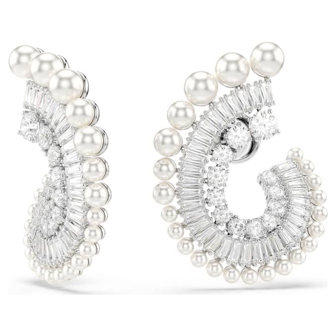 Brincos pendentes Ariana Grande X Swarovski com pérola de cristal, cortes mistos, brancos, banhados a ródio Brincos pendentes Ariana Grande X Swarovski com pérola de cristal, cortes mistos, brancos, banhados a ródio