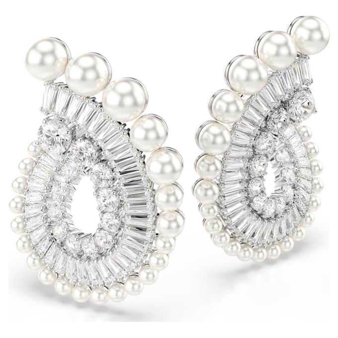 Brincos pendentes Ariana Grande X Swarovski com pérola de cristal, cortes mistos, brancos, banhados a ródio Brincos pendentes Ariana Grande X Swarovski com pérola de cristal, cortes mistos, brancos, banhados a ródio