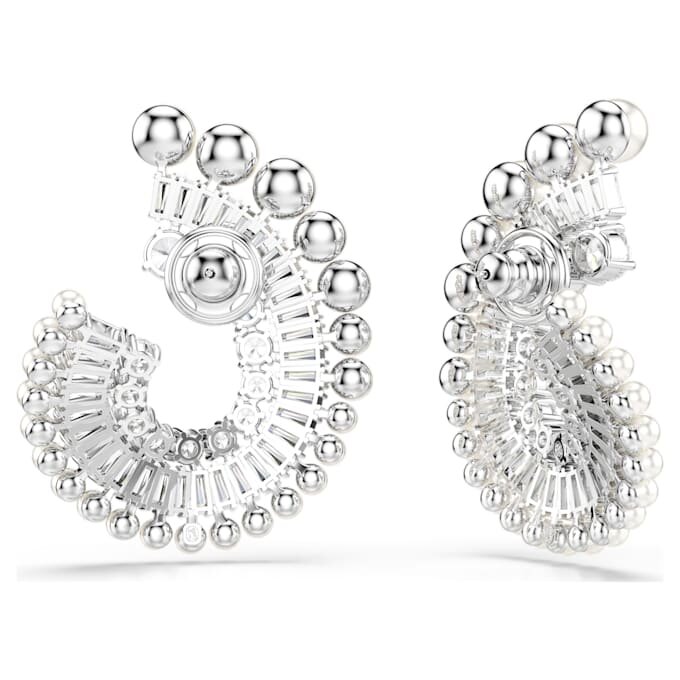 Brincos pendentes Ariana Grande X Swarovski com pérola de cristal, cortes mistos, brancos, banhados a ródio Brincos pendentes Ariana Grande X Swarovski com pérola de cristal, cortes mistos, brancos, banhados a ródio