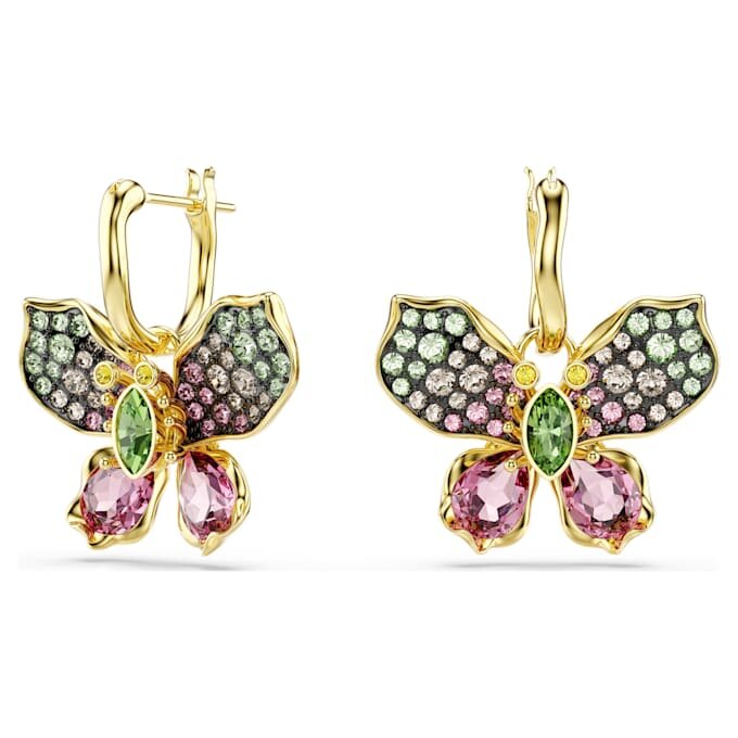 Brincos pendentes Idyllia com cortes mistos, pavé, borboleta, multicoloridos, banhados a ouro Brincos pendentes Idyllia com cortes mistos, pavé, borboleta, multicoloridos, banhados a ouro