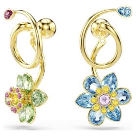 Brincos pendentes Idyllia com design assimétrico, cortes mistos, flor, multicoloridos, banhados a dourado