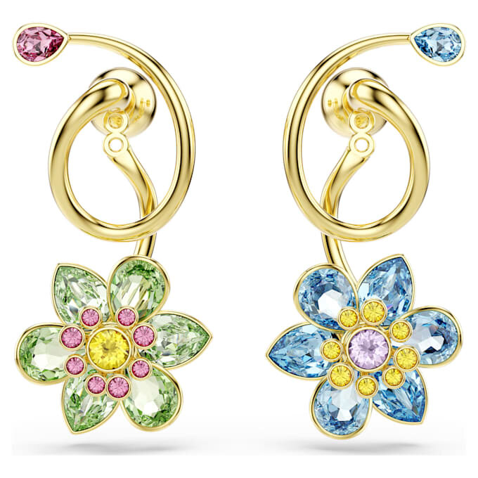 Brincos pendentes Idyllia com design assimétrico, cortes mistos, flor, multicoloridos, banhados a dourado Brincos pendentes Idyllia com design assimétrico, cortes mistos, flor, multicoloridos, banhados a dourado