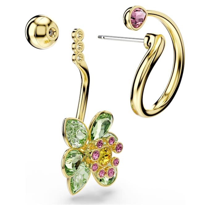 Brincos pendentes Idyllia com design assimétrico, cortes mistos, flor, multicoloridos, banhados a dourado Brincos pendentes Idyllia com design assimétrico, cortes mistos, flor, multicoloridos, banhados a dourado