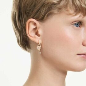 Brincos pendentes Idyllia com ear cuff, cortes mistos, coração com chave, rosa, banhados a dourado
