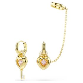 Brincos pendentes Idyllia com ear cuff, cortes mistos, coração com chave, rosa, banhados a dourado