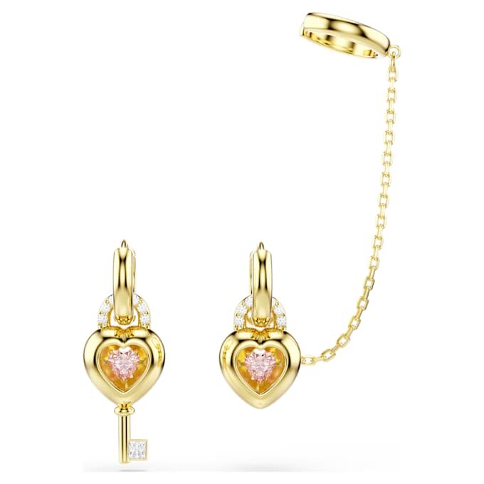 Brincos pendentes Idyllia com ear cuff, cortes mistos, coração com chave, rosa, banhados a dourado Brincos pendentes Idyllia com ear cuff, cortes mistos, coração com chave, rosa, banhados a dourado