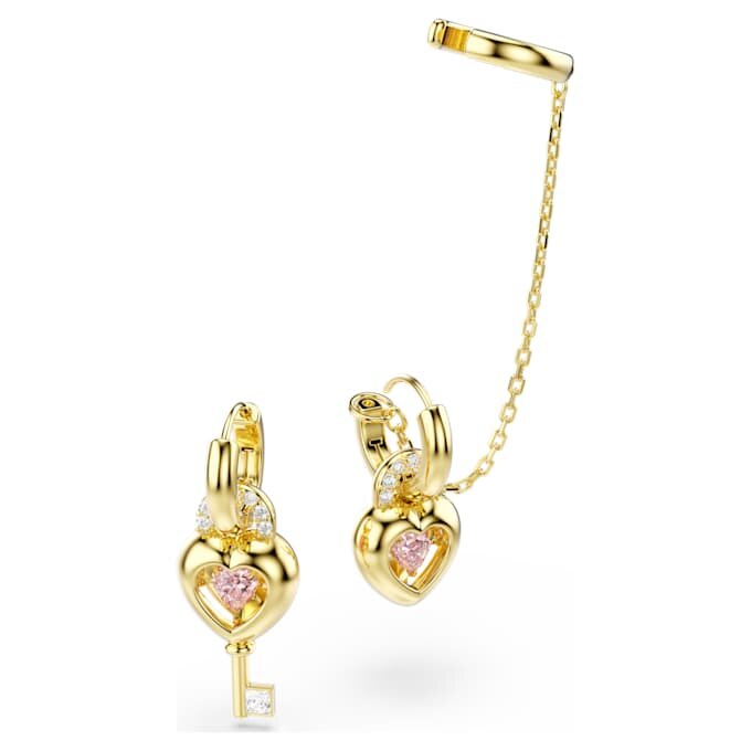 Brincos pendentes Idyllia com ear cuff, cortes mistos, coração com chave, rosa, banhados a dourado Brincos pendentes Idyllia com ear cuff, cortes mistos, coração com chave, rosa, banhados a dourado