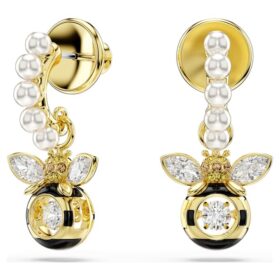 Brincos pendentes Idyllia com pérolas de cristal, cortes mistos, abelha, multicoloridos, banhados a dourado