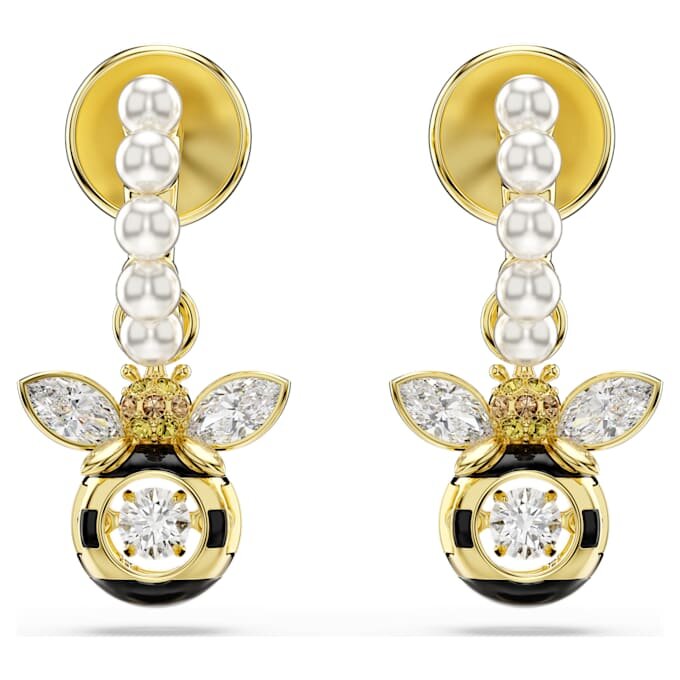 Brincos pendentes Idyllia com pérolas de cristal, cortes mistos, abelha, multicoloridos, banhados a dourado Brincos pendentes Idyllia com pérolas de cristal, cortes mistos, abelha, multicoloridos, banhados a dourado
