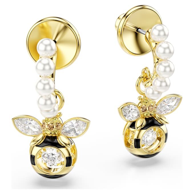 Brincos pendentes Idyllia com pérolas de cristal, cortes mistos, abelha, multicoloridos, banhados a dourado Brincos pendentes Idyllia com pérolas de cristal, cortes mistos, abelha, multicoloridos, banhados a dourado