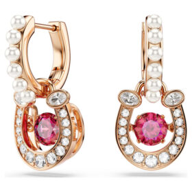 Brincos pendentes Symbolica com pérola de cristal, corte redondo, pavé, ferradura, vermelho, banhados a ouro rosa