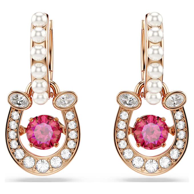 Brincos pendentes Symbolica com pérola de cristal, corte redondo, pavé, ferradura, vermelho, banhados a ouro rosa Brincos pendentes Symbolica com pérola de cristal, corte redondo, pavé, ferradura, vermelho, banhados a ouro rosa