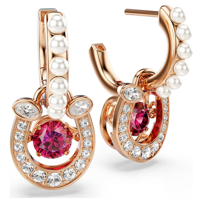 Brincos pendentes Symbolica com pérola de cristal, corte redondo, pavé, ferradura, vermelho, banhados a ouro rosa Brincos pendentes Symbolica com pérola de cristal, corte redondo, pavé, ferradura, vermelho, banhados a ouro rosa