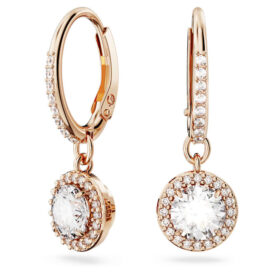 Brincos Una Angelic Drop, corte redondo, pavé, branco, banhados a ouro rosa