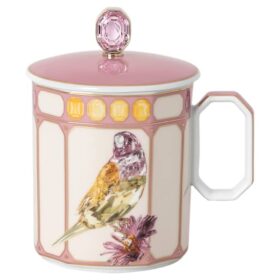 Caneca Idyllia em porcelana, com motivo de cristais, pintassilgo, rosa