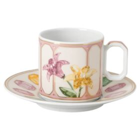 Chávena de café expresso Idyllia com pires, em porcelana, com motivo em cristal, cor de limão, multicolorida