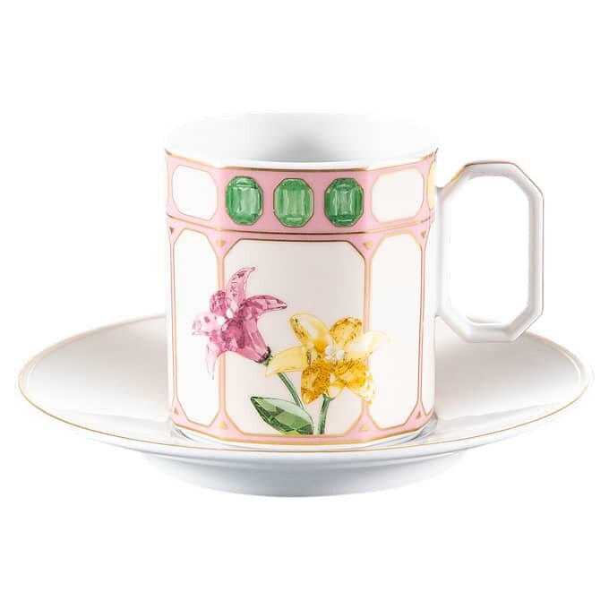 Chávena de café Idyllia com pires, em porcelana, com motivo em cristal, flores, multicolorida Chávena de café Idyllia com pires, em porcelana, com motivo em cristal, flores, multicolorida