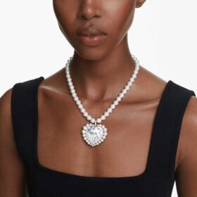 Colar Ariana Grande X Swarovski com pérola de cristal, corte em coração, coração, branco, banhado a ródio