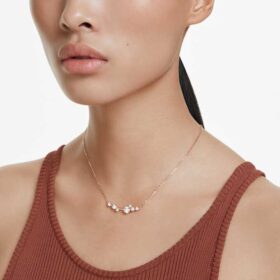 Colar Constella com pérolas de cristal, cortes redondos, branco, banhado a ouro rosa