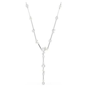 Colar Constella Y com pérolas de cristal, cortes redondos, branco, banhado a ródio