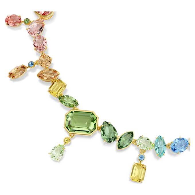 Colar Gema com cortes mistos, cristais pendentes, multicolorido, banhado a dourado Colar Gema com cortes mistos, cristais pendentes, multicolorido, banhado a dourado