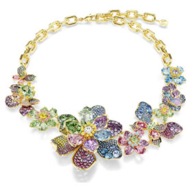 Colar Idyllia com cortes mistos, pavé, flor, multicolorido, banhado a ouro