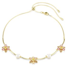 Colar Idyllia com pérolas de cristal, cortes mistos, flor, multicolorido, banhado a ouro