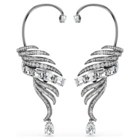 Coleção Vienna – Brincos tipo «ear cuff» com penas, grandes, brancos, banhados a ruténio