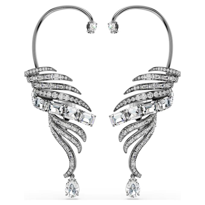 Coleção Vienna – Brincos tipo «ear cuff» com penas, grandes, brancos, banhados a ruténio Coleção Vienna – Brincos tipo «ear cuff» com penas, grandes, brancos, banhados a ruténio