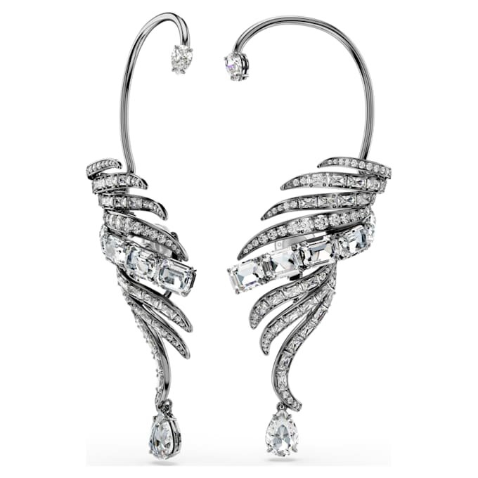 Coleção Vienna – Brincos tipo «ear cuff» com penas, grandes, brancos, banhados a ruténio Coleção Vienna – Brincos tipo «ear cuff» com penas, grandes, brancos, banhados a ruténio